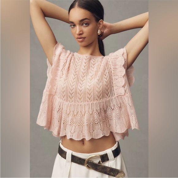 Anthropologie Tops - Anthropologie Flutter-Sleeve Pointelle Cashmere Sweater Tee Size XS